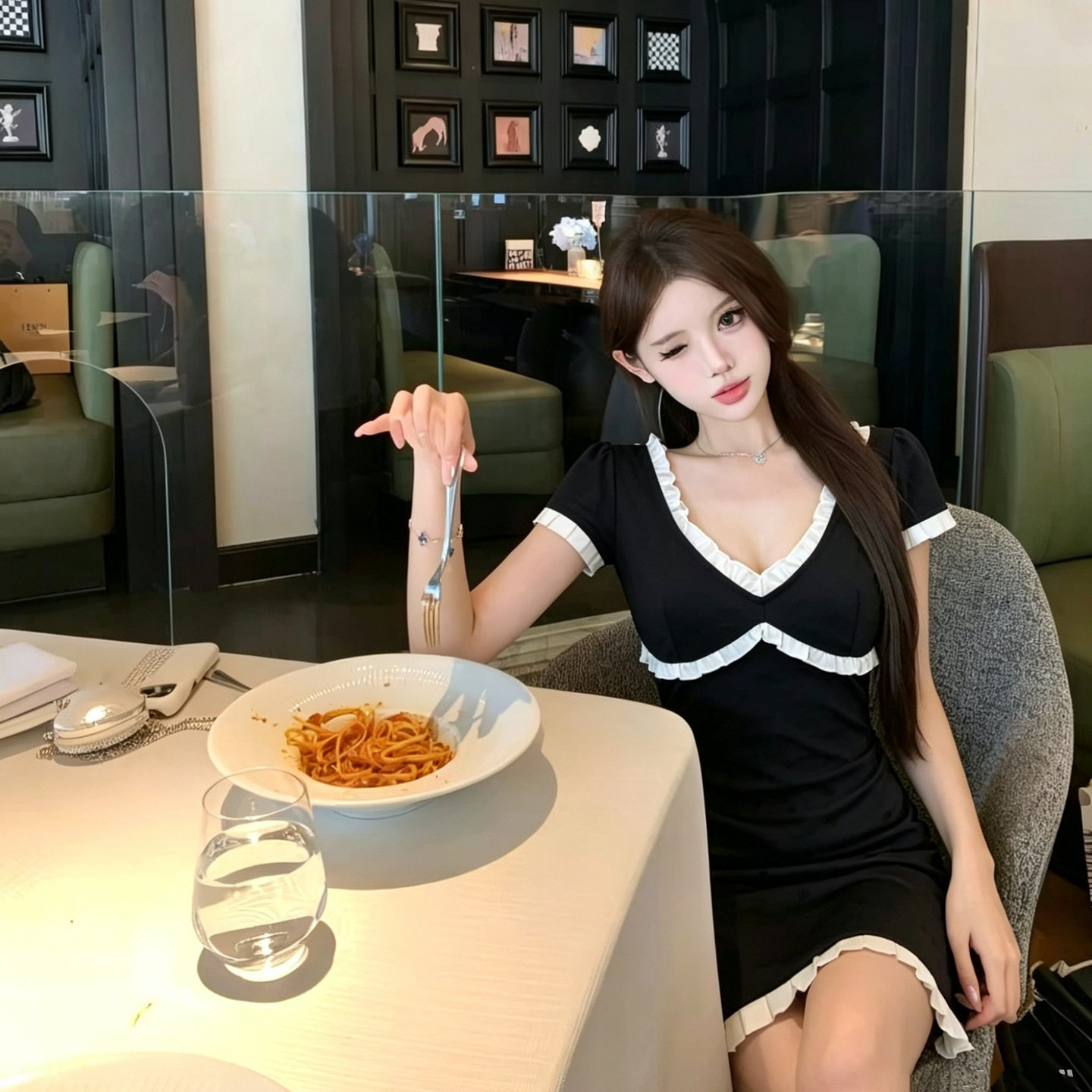 性感辣妹木耳边拼接包臀裙女夏季小众设计感修身领连衣裙