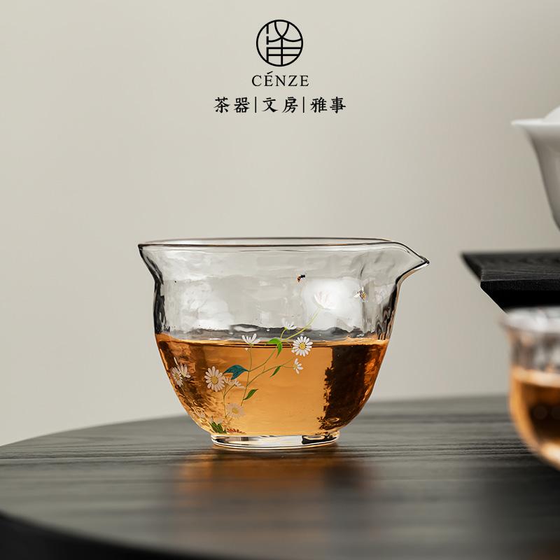 高档小清新小雏菊玻璃公道杯耐热茶具配件茶海泡茶匀杯锤纹高硼硅
