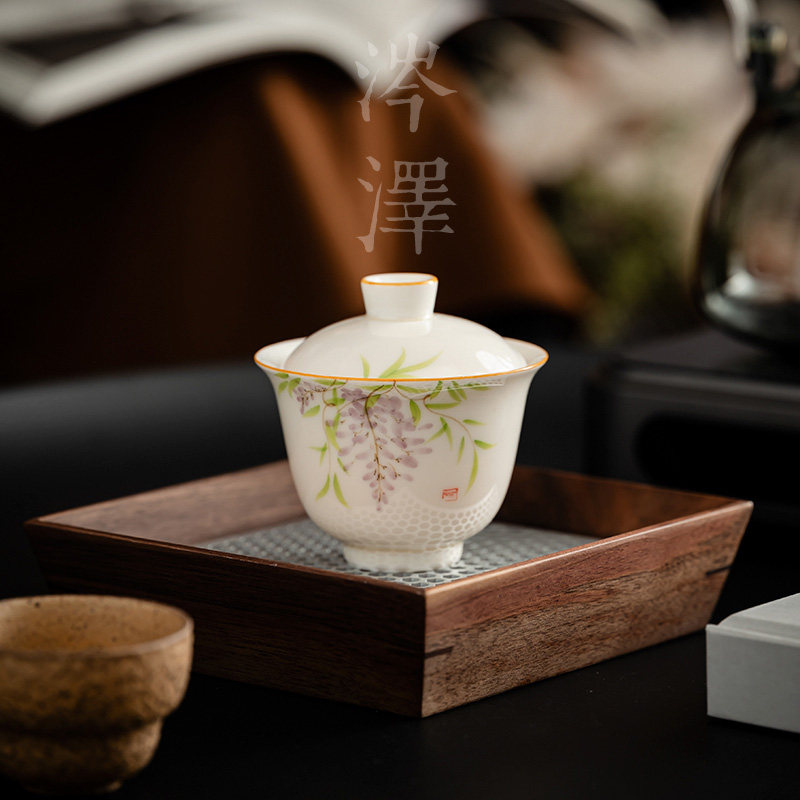 涔泽紫藤花二才盖碗茶杯陶瓷泡茶碗功夫茶具家用高档泡茶碗带盖碗