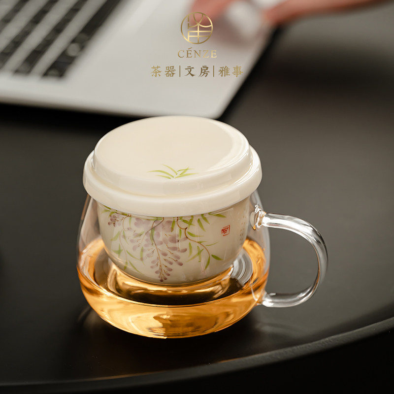 手绘秘黄釉玻璃马克杯办公杯陶瓷家用茶杯带盖子过滤茶水分离泡茶