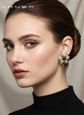 Joseph Warner复古黑玛瑙耳钉流光花语欧美华丽耳环中古新年耳饰