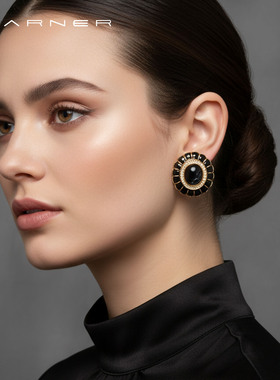 Joseph Warner中古黑纹石耳钉罗马浪漫法式珐琅宫廷耳环新年耳饰