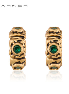 Joseph Warner复古绿琉璃耳钉流光华丽雕花耳环法式新年金色耳饰