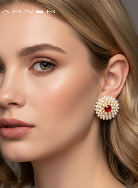 Joseph Warner中古珍珠耳钉法式宫廷繁花耳环琉璃红色新年耳饰女