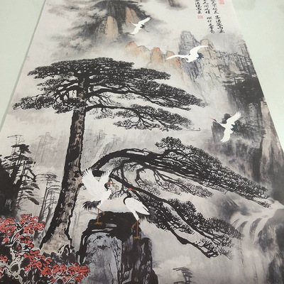招财聚宝盆迎客松品中式挂画客厅