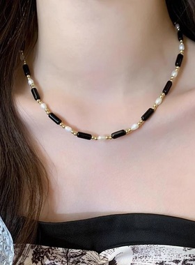 米粒淡水珍珠长条黑玛瑙项链女轻奢冷淡风小众锁骨链黑白撞色颈