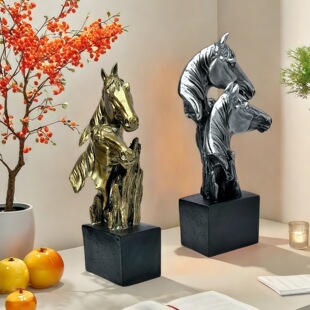 创意复古新中式双马头摆件马年大吉家居客厅玄关招财树脂工艺