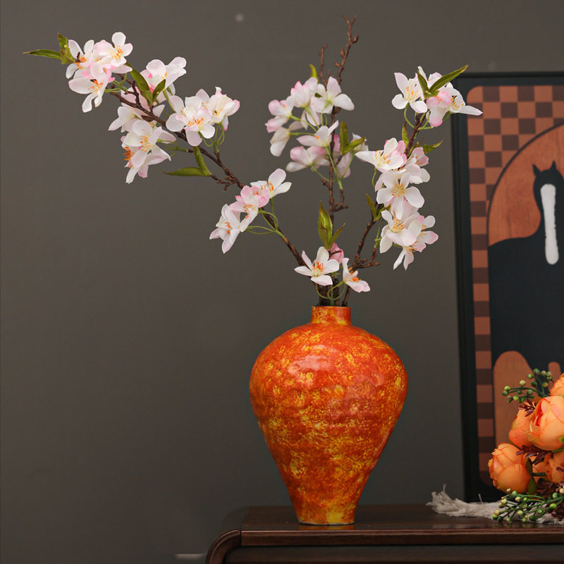 插梅花的花瓶新中式插干花水培两用养国潮红梅色系台面陶瓷摆件