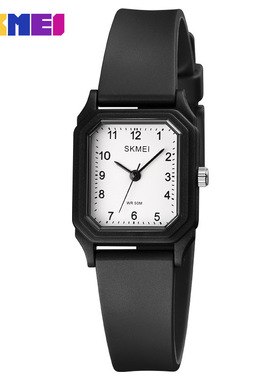 2020时刻美方形休闲简约数字指针石英黑色针扣女学生轻便手表