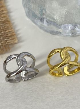 几何交叉双环戒指ins线条个性重工轻奢高级感气质百搭不掉色指环