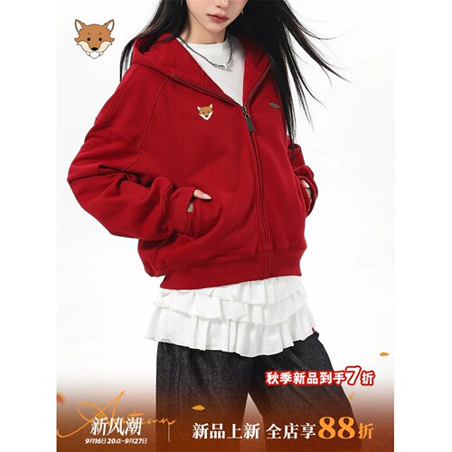 April Fox英国小狐狸美式红色连帽卫衣外套女2026秋季正肩开衫上