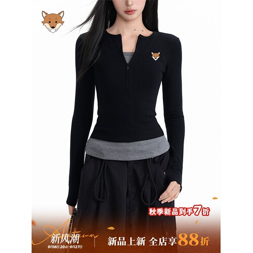 April Fox/英国小狐狸黑色假两件正肩长袖t恤女秋修身内搭v领上衣