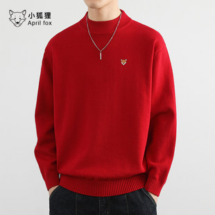 英国小狐狸纯棉中国红男士 毛衣秋冬本命年红色针织线衣宽松打底羊