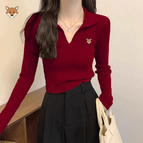 英国April Fox小狐狸酒红翻领修身长袖T恤女秋季美式收腰针织上衣
