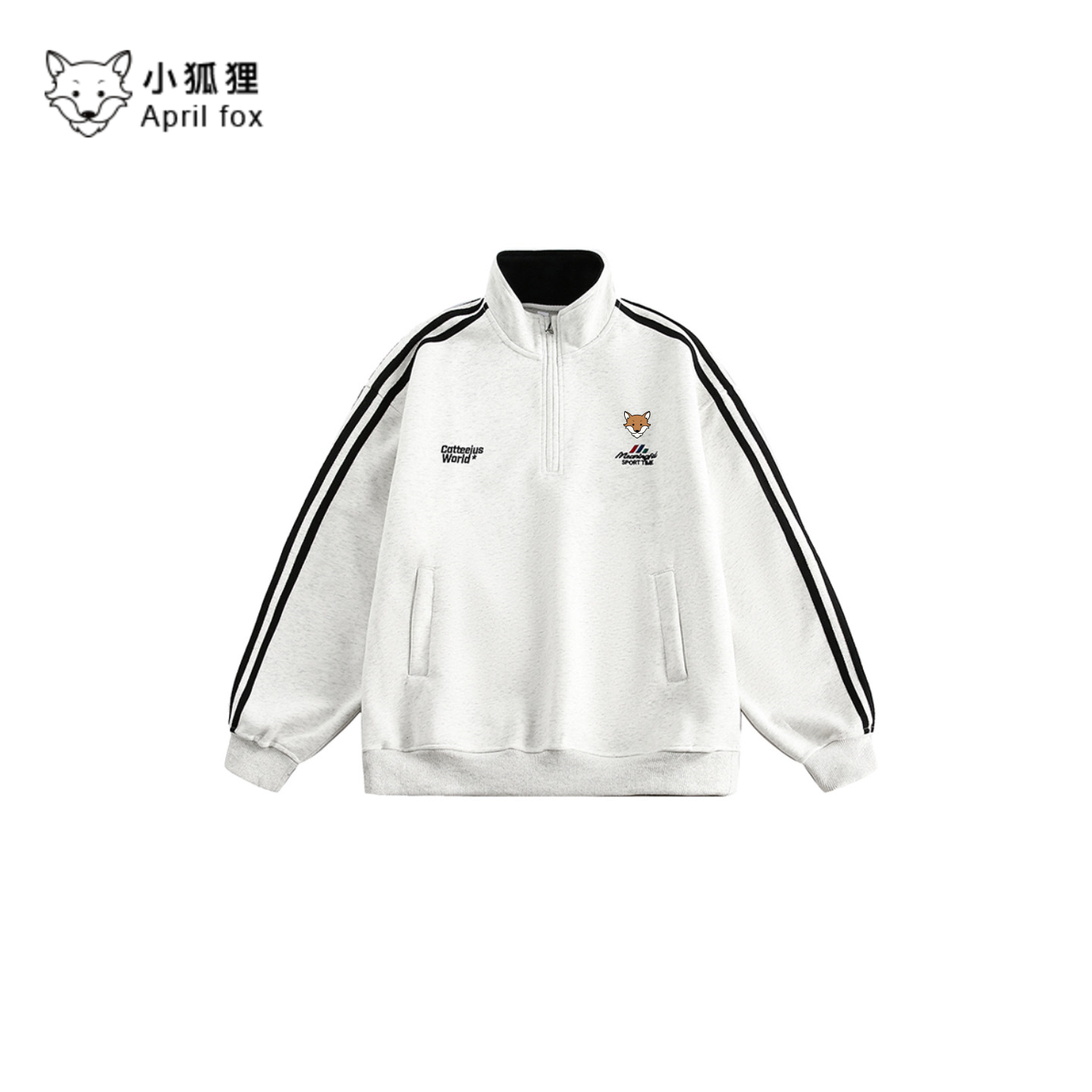 小狐狸美式条纹重磅半拉链卫衣外套男士新款宽松字母刺绣运动休闲
