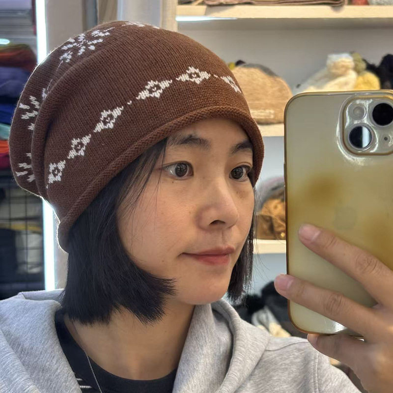 羊毛混纺复古提花针织帽女士新款秋冬季时尚潮流毛线帽堆堆包头