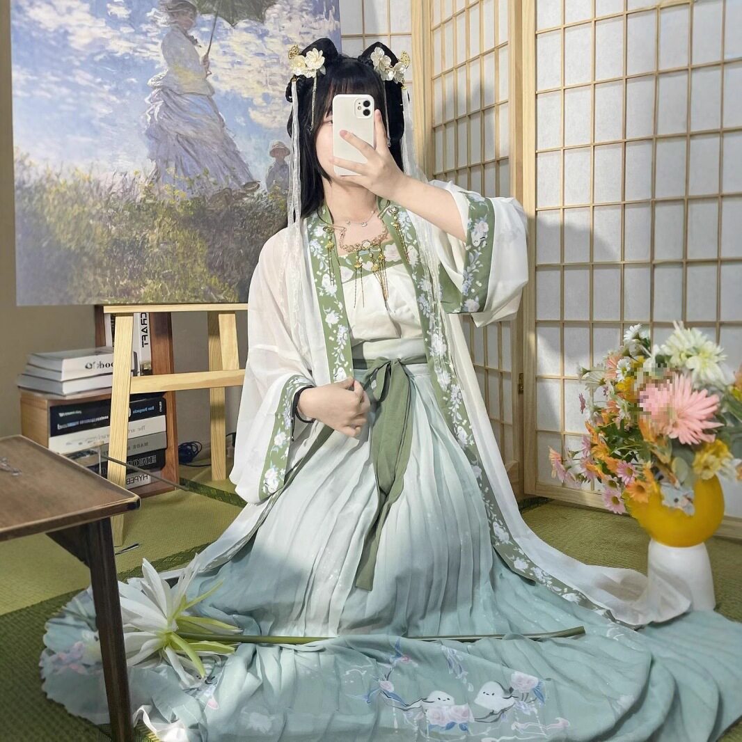 汉服女宋制长干寺百褶裙吊带裙春夏套装日常