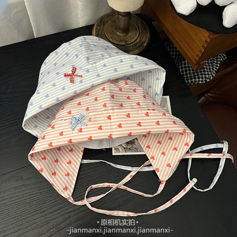 少女条纹爱心绑带蝴蝶结盆帽女春夏出游露营野餐遮阳防晒渔夫帽潮