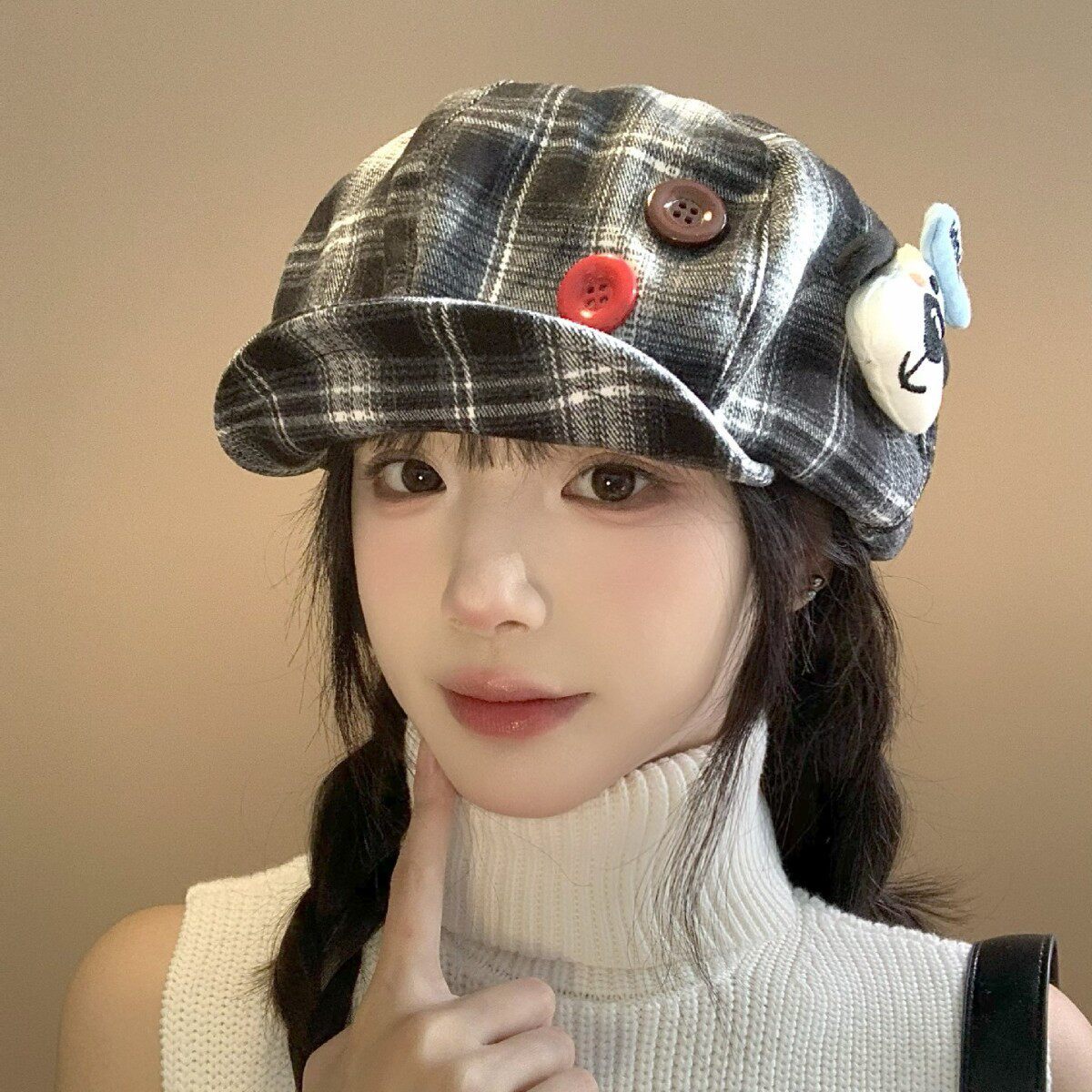 韩国2025年早秋新款格纹音符刺绣八角帽女拼接撞色小众画家帽可爱