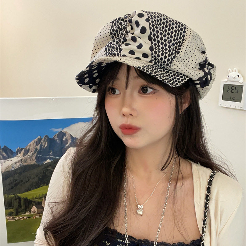 复古日系波点八角帽彩色毛毡纽扣画家帽女帽不对称设计薄款云朵帽