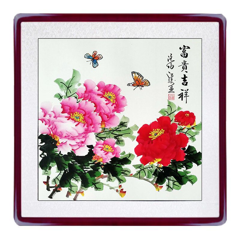入户门卧室玄关餐厅国画花鸟装饰挂组合斗方洛阳手绘牡丹画纯手工图片