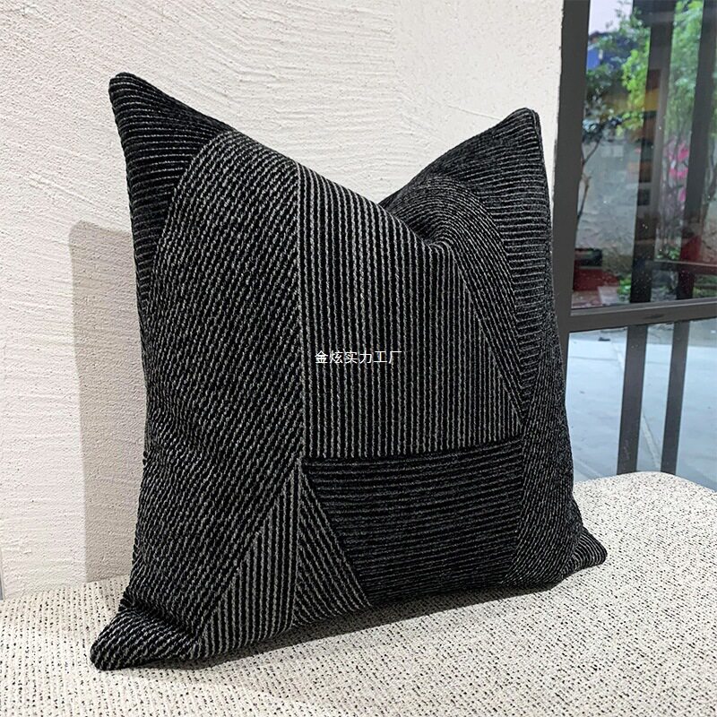 家用沙发感现代简约椅子靠背样板间抱枕靠垫高级棉麻腰枕靠枕黑白