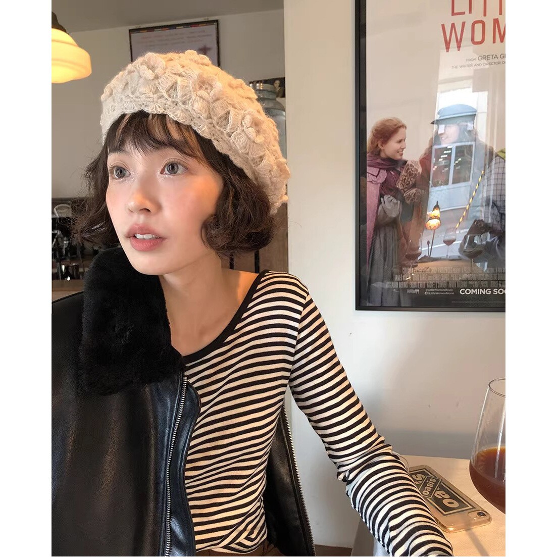 秋冬森系复古立体花朵画家帽日本羊毛混纺手工针织双层钩花贝雷帽