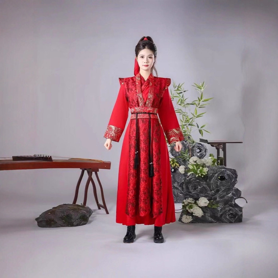 红色打鼓演出服男女侠客风花木兰剑舞国风古装象王行舞蹈服雪龙吟