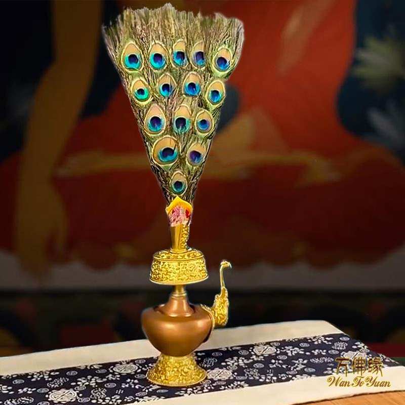 藏式贲巴壶孔雀羽毛装饰宝瓶扇子吉祥草羽毛扇摆件净水文巴壶其他