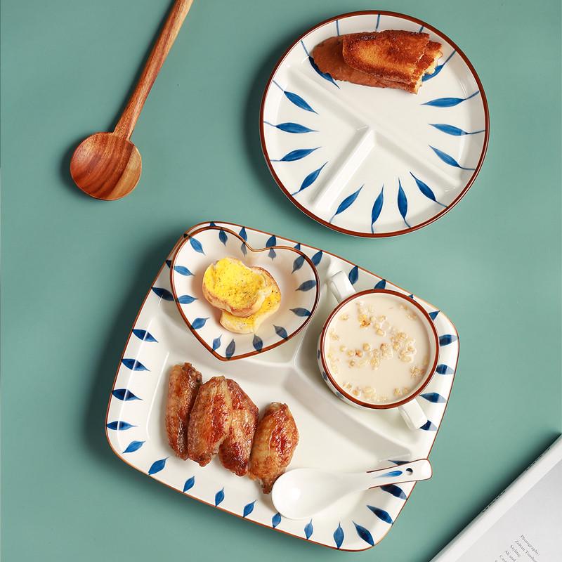 滋本家日式分格餐盘一人食早餐盘陶瓷儿童三格分餐盘减脂餐具套装