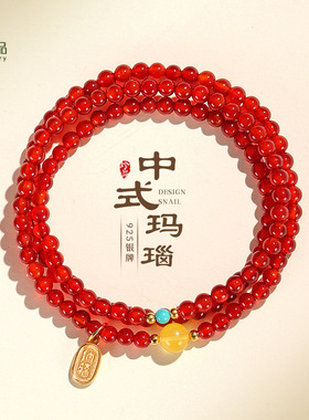 925银纳福牌红玛瑙多圈手链女中国风蜜蜡绿松石文艺手串首饰批发