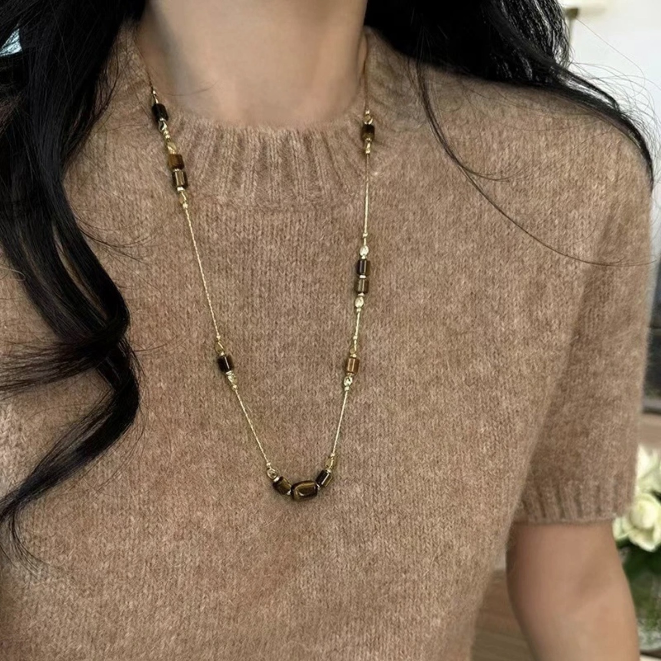 【可可梦】蝶觅家 秋冬虎眼石串珠项链女小众时尚毛衣链