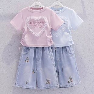 女童短袖套装夏装2026新款童装洋气上衣儿童短裤牛仔五分裤两件套