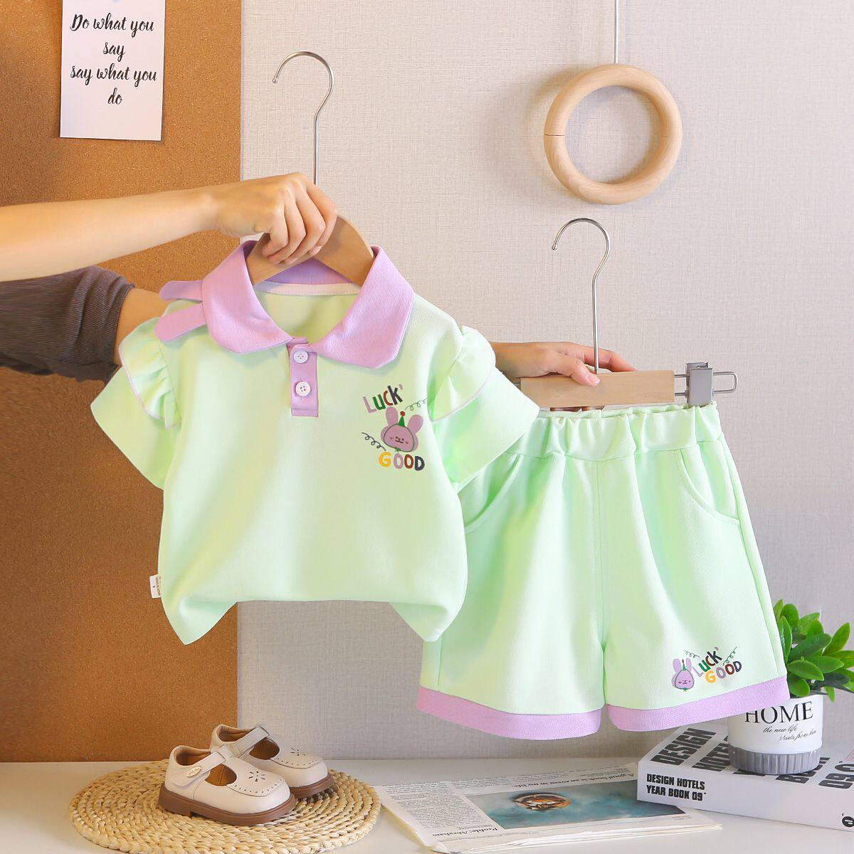 女童套装2026新款夏季儿童洋气时髦短袖T恤卡通短裤宝宝两件套潮