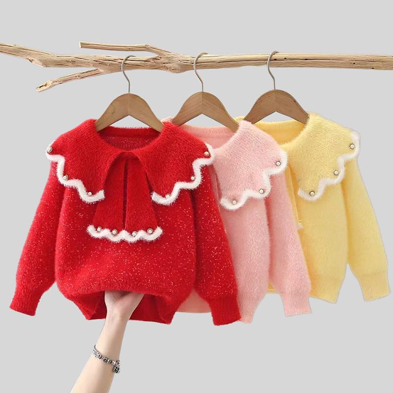 女童秋冬毛衣新款洋气时髦娃娃领水貂绒针织衫中大童甜美上衣童装