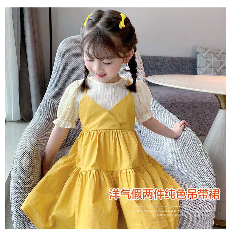 女童假两件连衣裙夏装2026新款洋气儿童韩范女小童泡泡袖连衣裙子