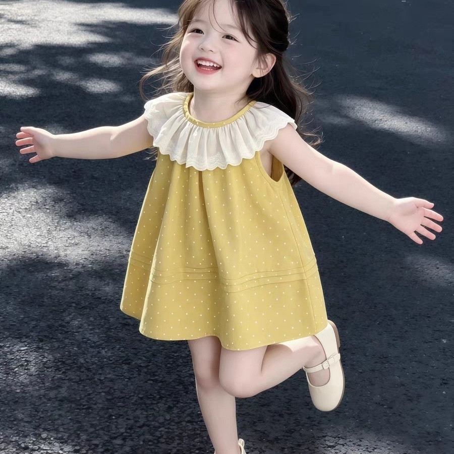 女童夏季连衣裙2026新款儿童黄色背心裙女宝宝甜美花边领波点裙
