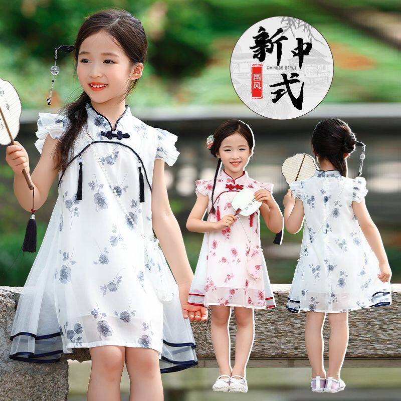汉服女童夏季旗袍连衣裙中国风儿童短袖古装唐装超仙小女孩公主裙