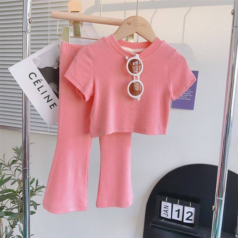 女童夏季套装2026新款洋气时髦短袖上衣喇叭裤两件套宝宝衣服潮