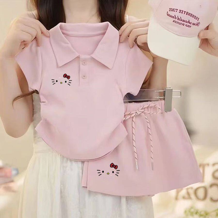 粉色卡通套装少女套装甜美可爱POLO领上衣+短裤裤裙休闲两件套