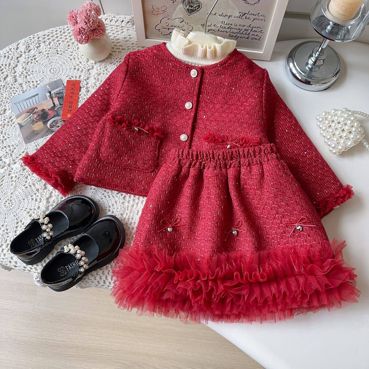 女童小香风加厚加棉套装冬季新款女宝宝洋气外套半身裙高端两件套