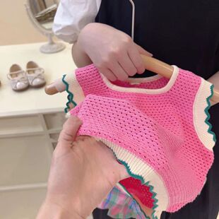 韩版女童套装夏季时髦洋气女宝宝粉色针织背心格纹花苞短裤两件套