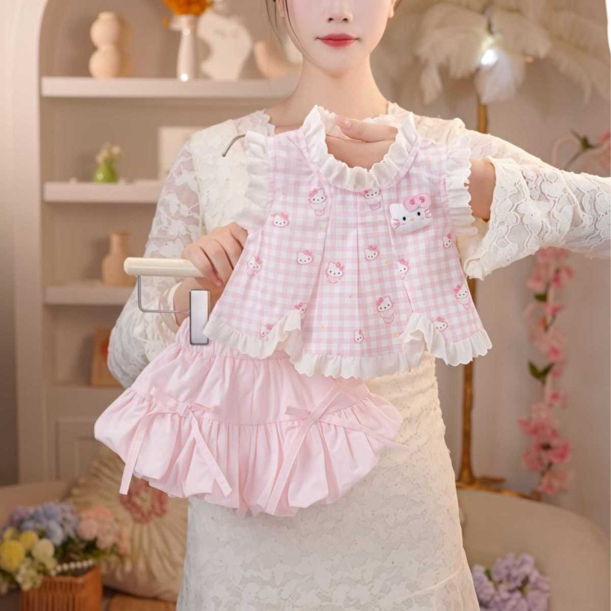 2026年女童夏季新款两件套女小童可爱粉色格子猫咪花边娃娃衫套装