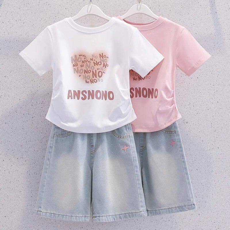女童套装夏装2026新款夏中大童印花短袖t恤儿童牛仔五分裤两件套