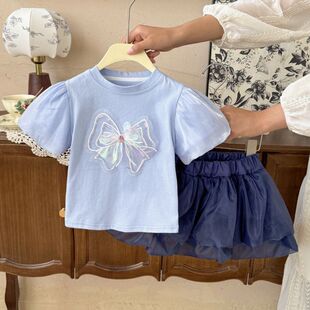 女童泡泡袖T恤套装童装夏洋气蝴蝶结上衣宝宝网纱半身裙两件套装