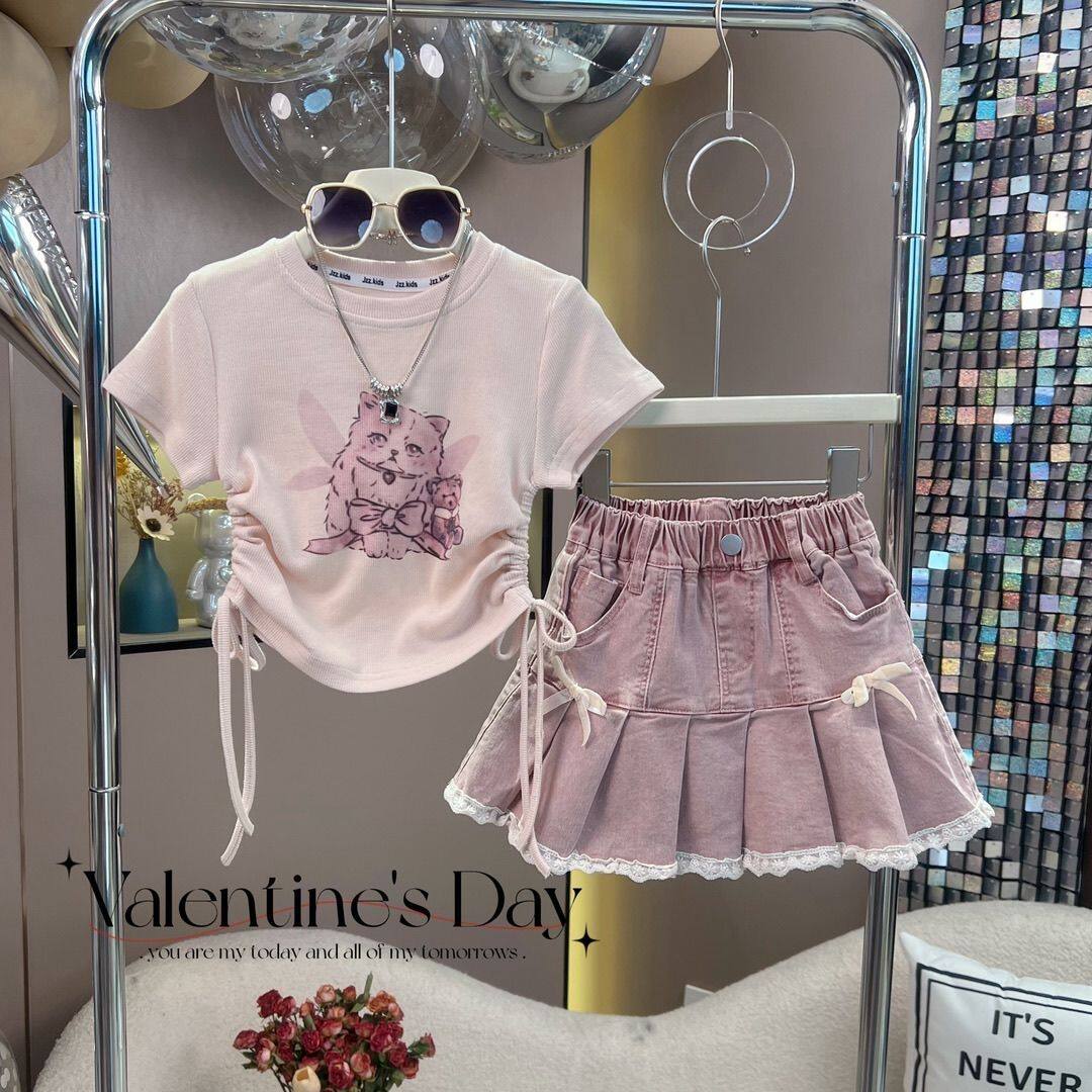 女童套装2026新款夏季儿童时髦短袖T恤牛仔短裙中大童两件套潮