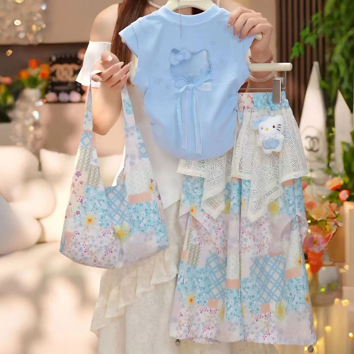 女童夏装碎花蕾丝屁帘裤套装2026新款速干假两件阔腿防蚊裤两件套