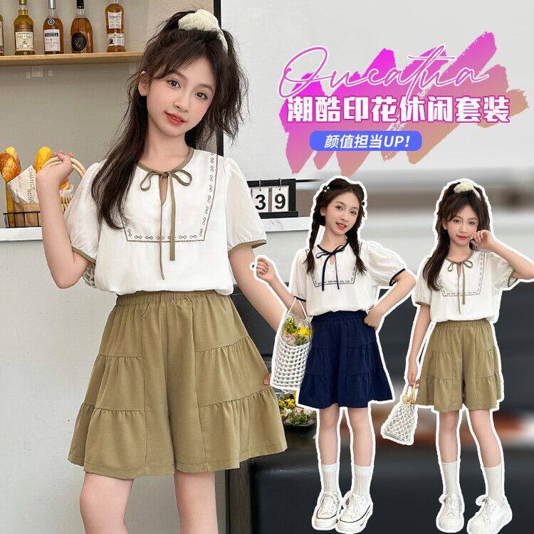 2025新款夏季短袖学院风雪纺短裙裤休闲儿童两件套韩版女童套装潮