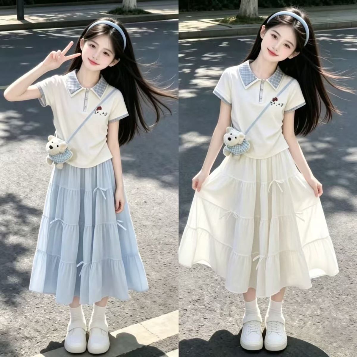 2026新款女童夏装短袖套装女孩洋气学院风儿童夏季休闲时尚半身裙