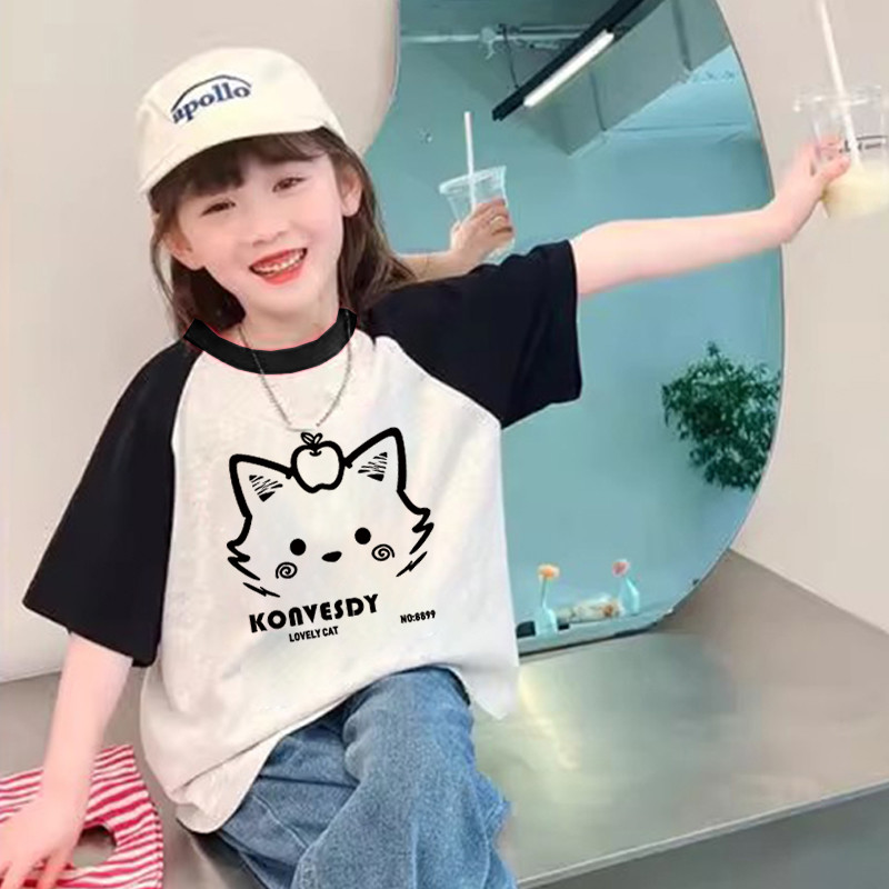 女童爆款复古女装纯棉短袖T恤插肩拼色儿童夏季宽松百搭半袖上衣
